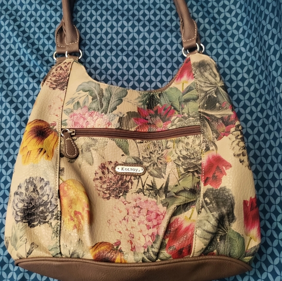 Koltov - 3 Pocket tan purse with brown trim and neutral tone colored flowers. - Picture 2 of 10